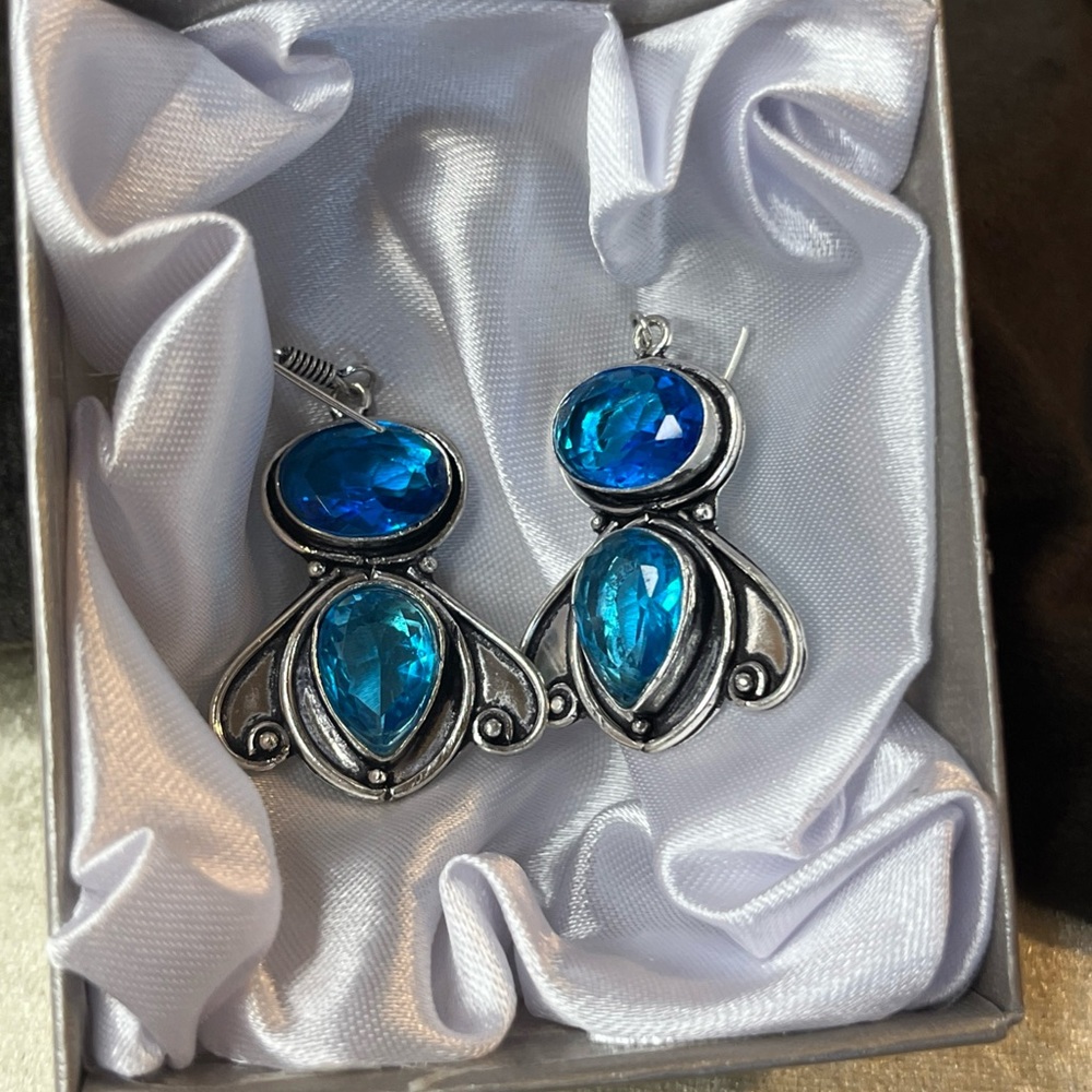 Blue Topaz Dangle Earrings In 925 Sterling Silver 1.5”